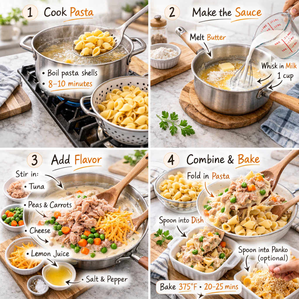 Steps showing pasta, a white sauce, and the casserole going into the oven