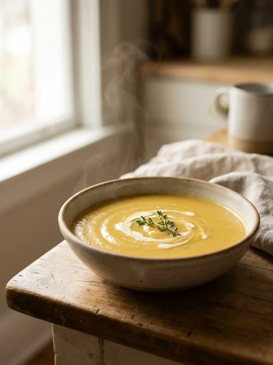 Bowl of creamy vegetable soup garnished with herbs