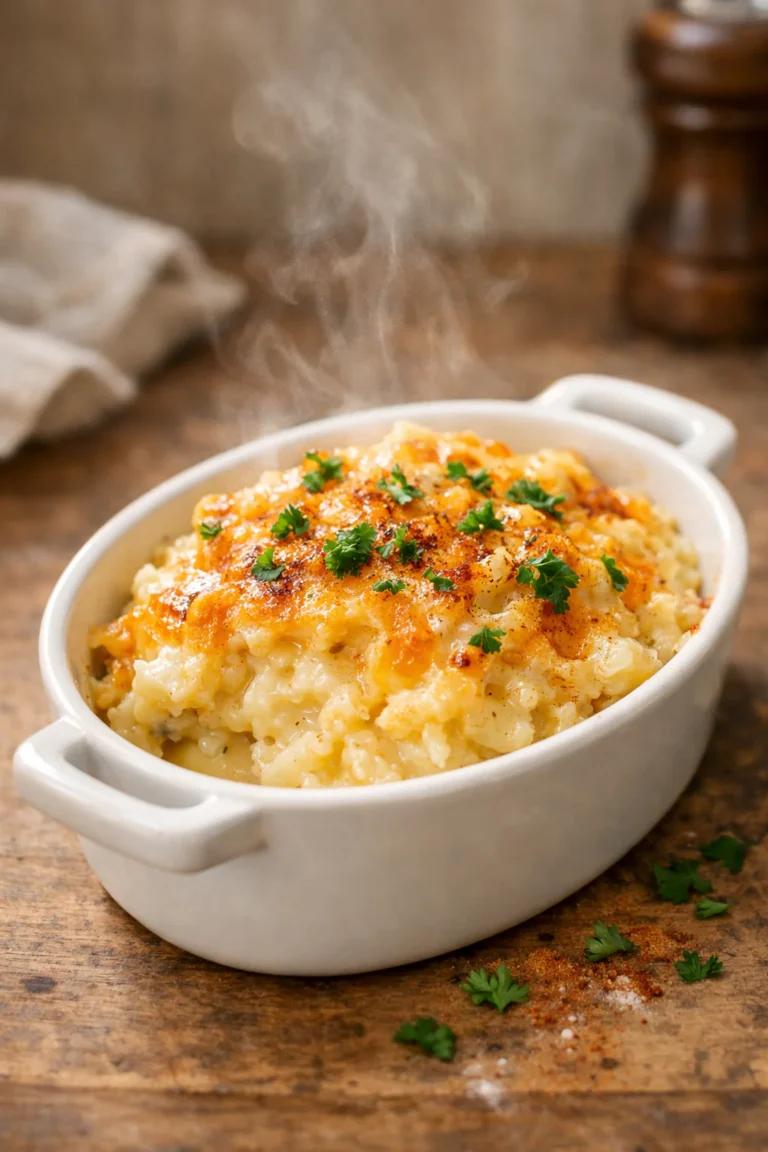 Small baking dish filled with extra creamy hashbrown casserole topped with melted cheese, parsley, and paprika.
