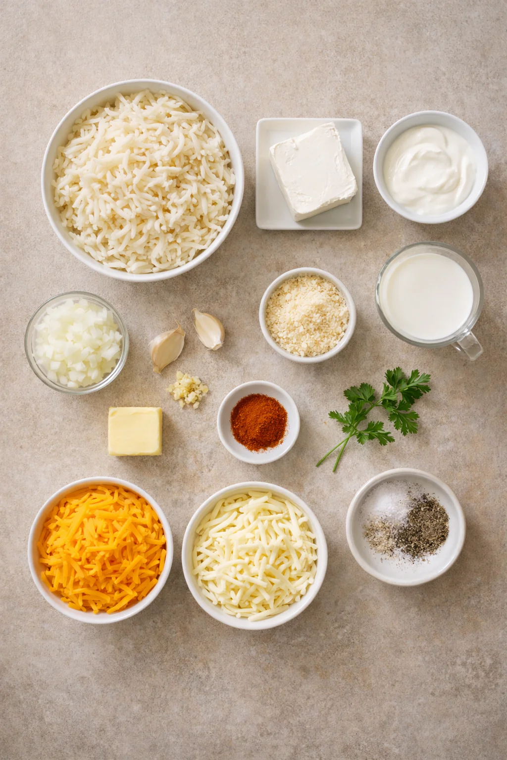 Ingredients laid out for hashbrown casserole