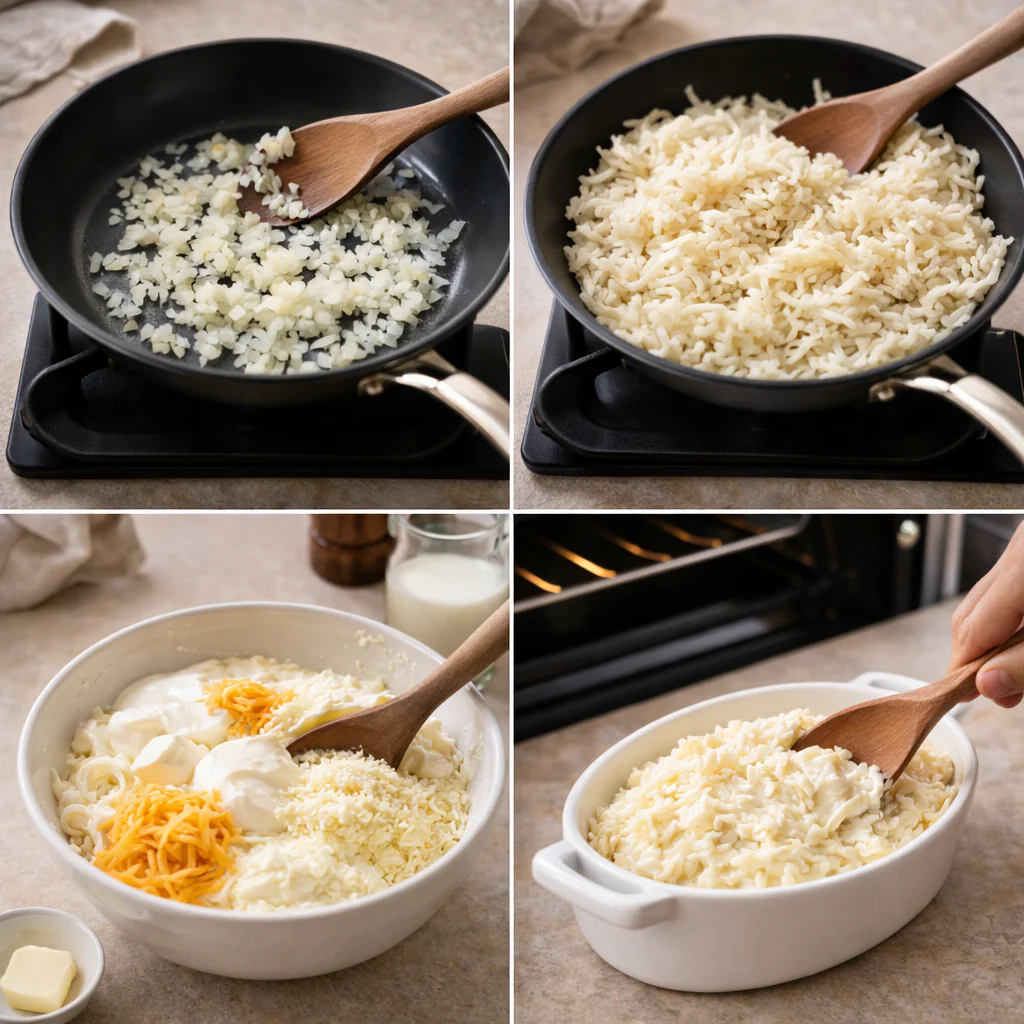 Steps showing casserole being prepared and baked