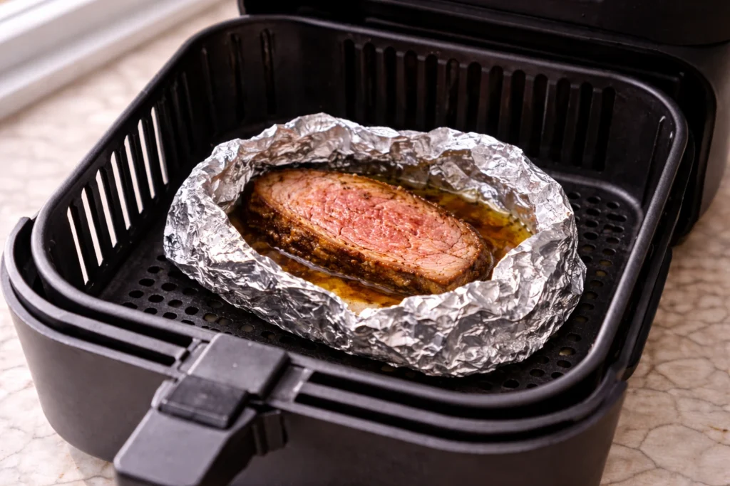 Best way to reheat prime rib in air fryer 3 Prime rib piece loosely wrapped in foil with au jus inside, sitting in an air fryer basket for gentle reheating