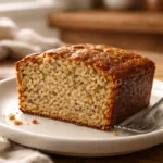 Slice of almond flour banana bread on a plate in a cozy home kitchen with soft natural light