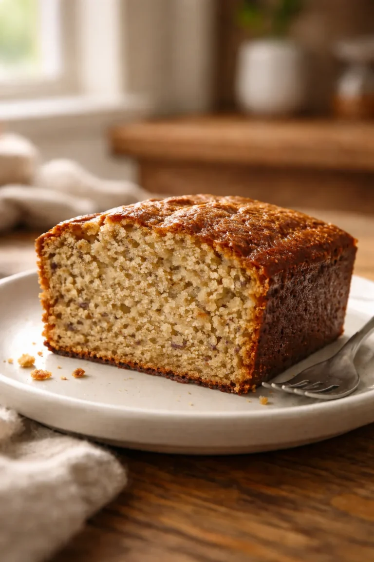 Slice of almond flour banana bread on a plate in a cozy home kitchen with soft natural light