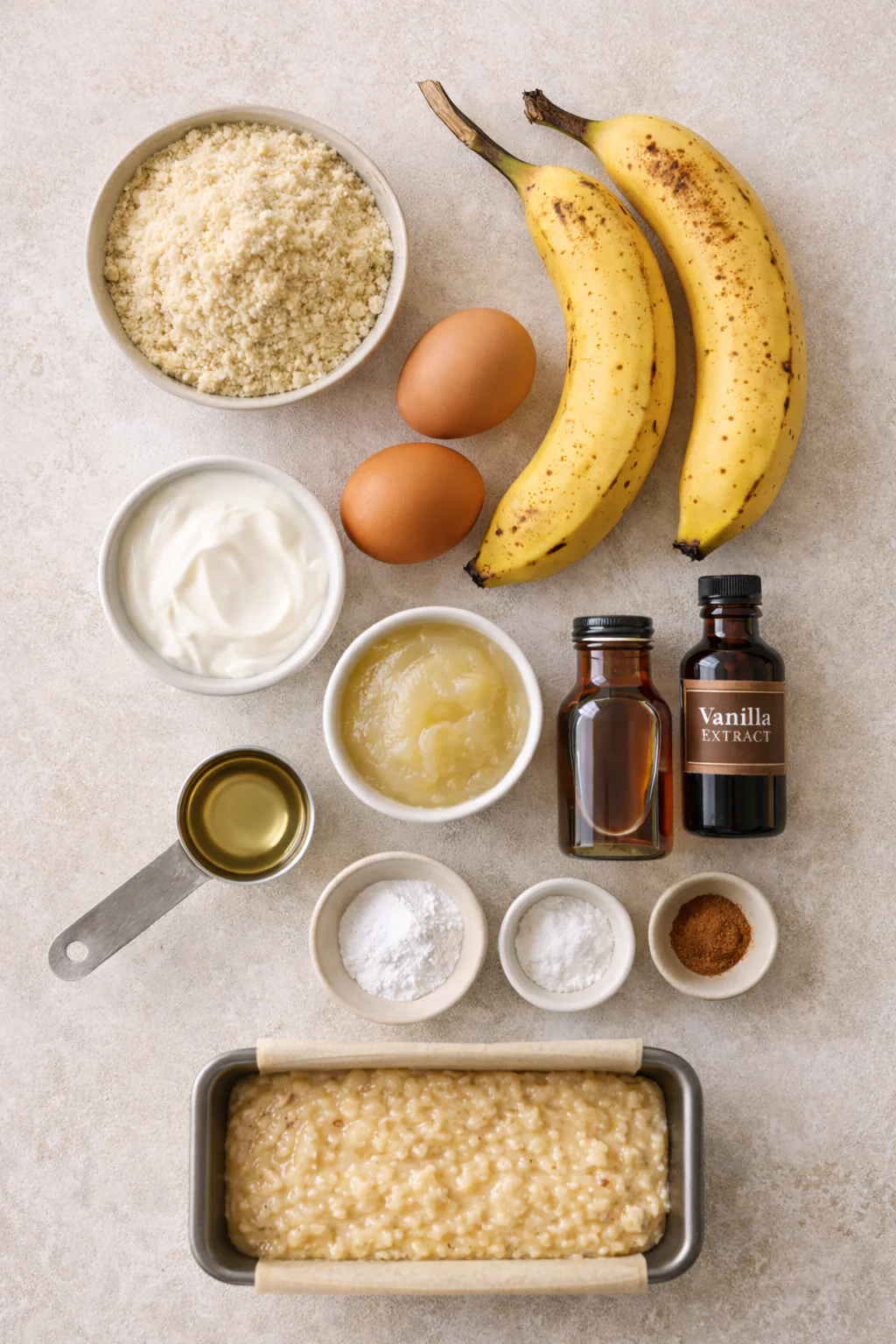 Ingredients for almond banana bread arranged on a table