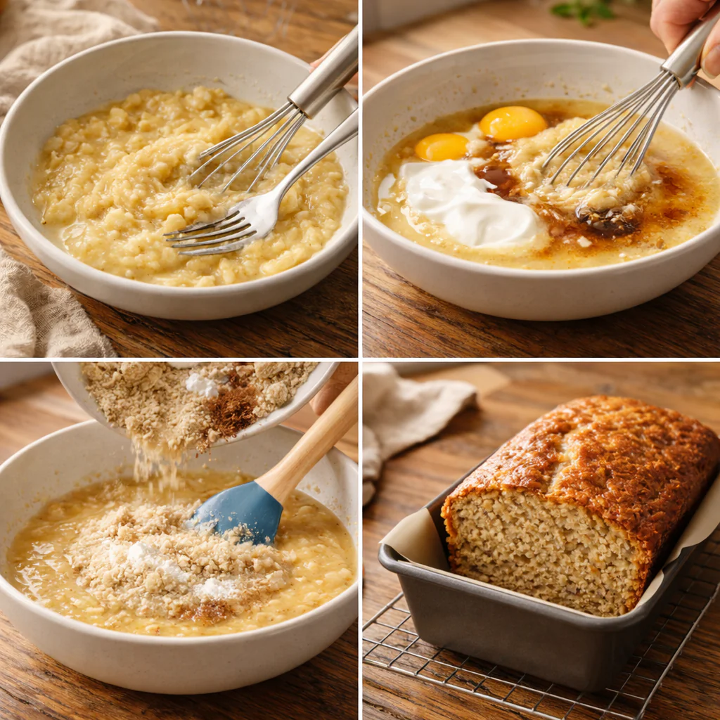 Batter being poured into a small loaf pan