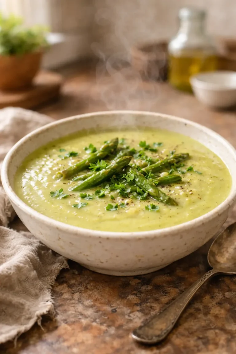 Creamy asparagus soup in a bowl with steam rising and chopped parsley garnish in bright natural window light