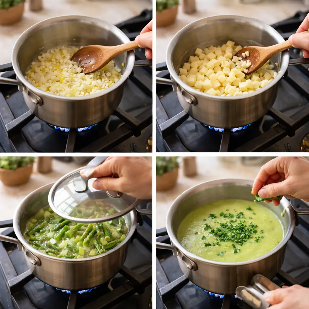 Cooking asparagus and vegetables in a pot