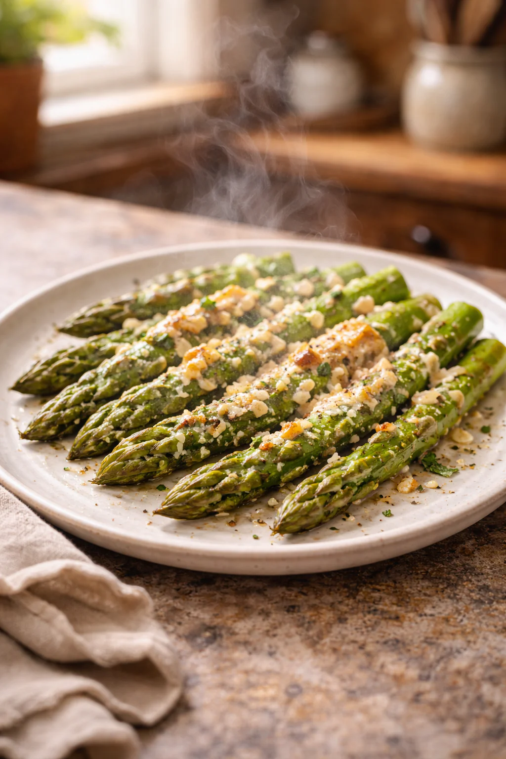 Baked asparagus with parmesan and garlic on a baking sheet