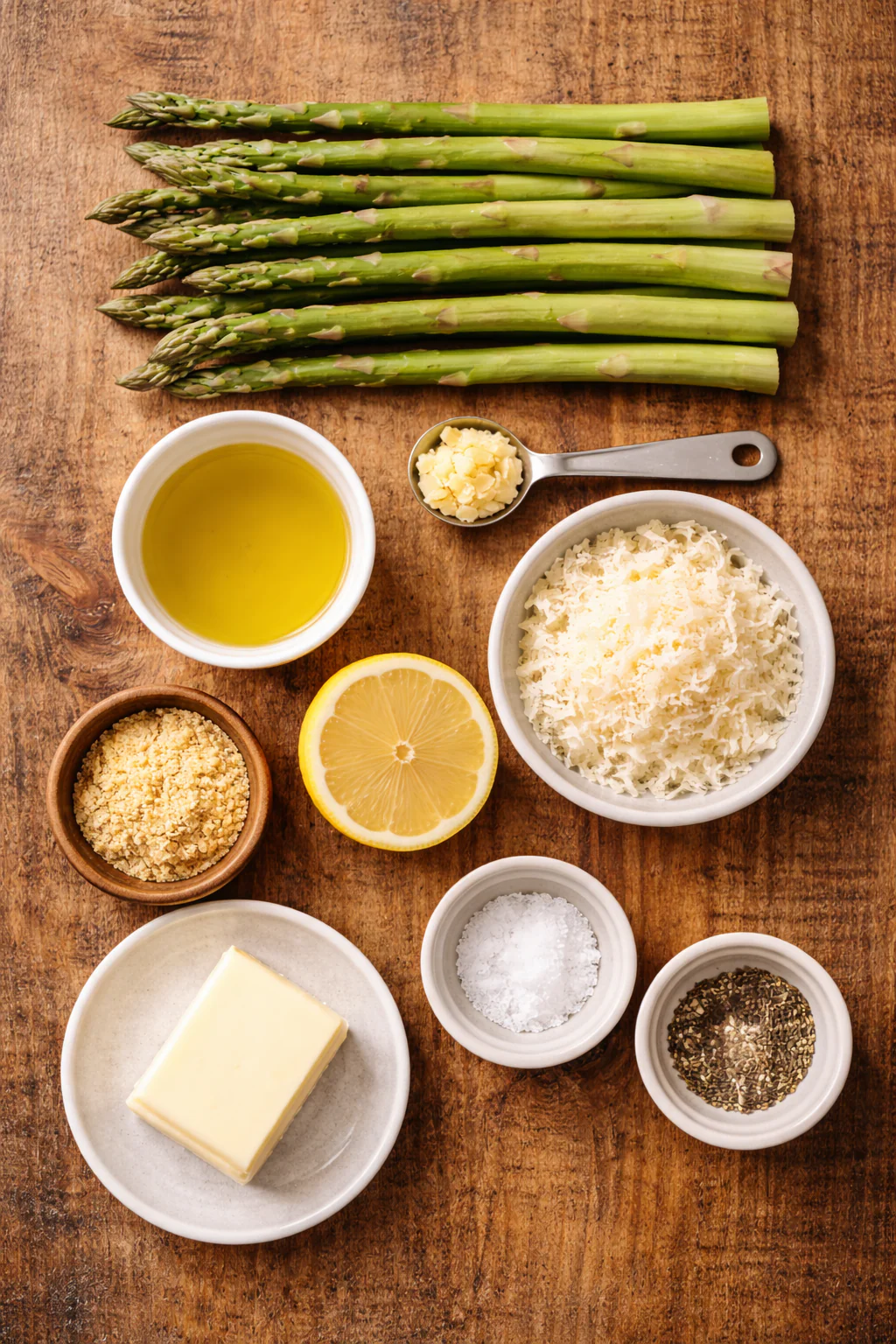 Ingredients for baked asparagus arranged on a counter