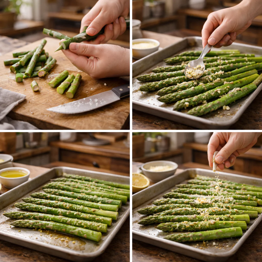Asparagus being arranged on a baking sheet and seasoned