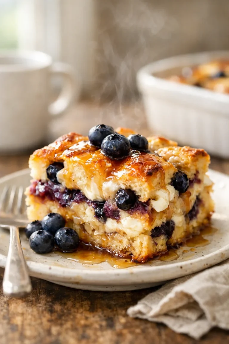 A warm slice of blueberry cream cheese French toast casserole topped with syrup and fresh blueberries on a small plate.