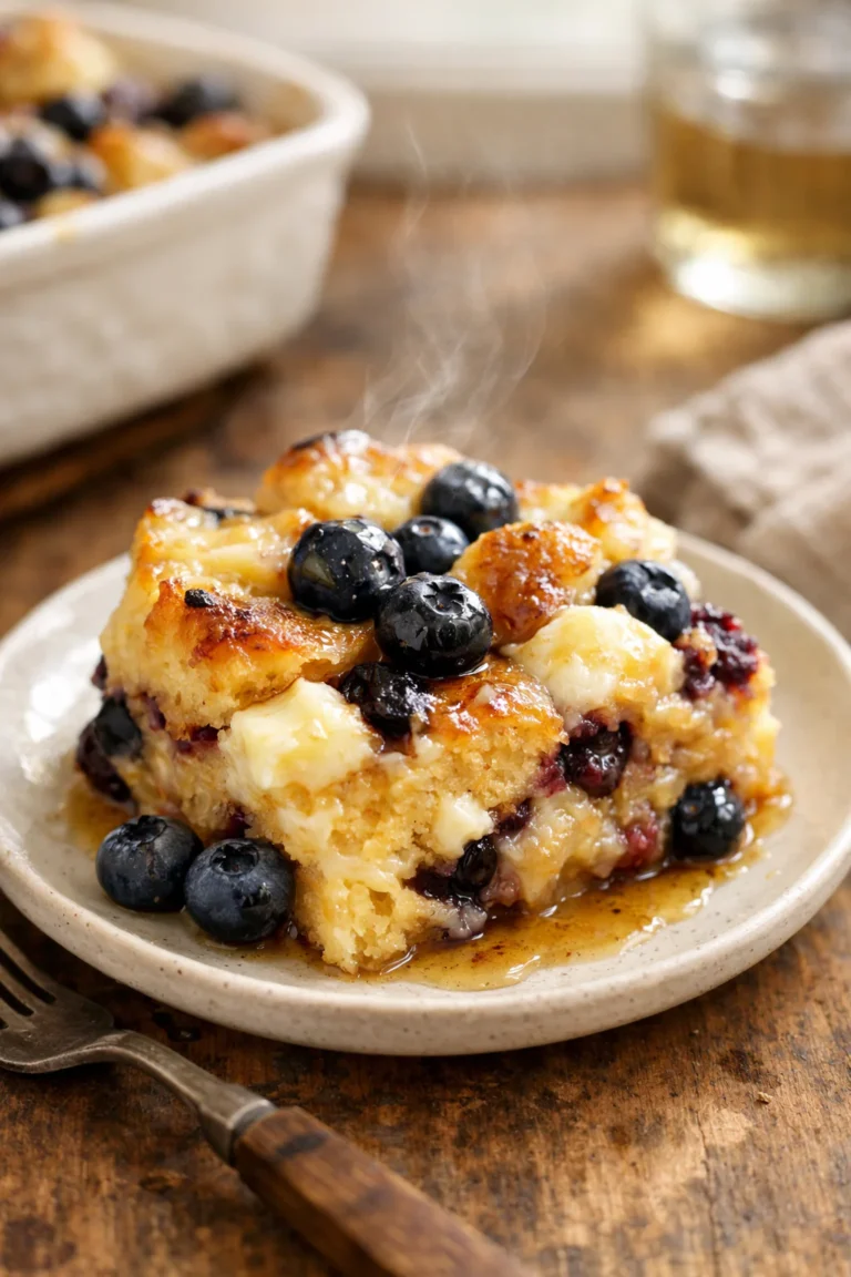 A warm serving of blueberry cream cheese French toast casserole topped with fresh blueberries and maple syrup.