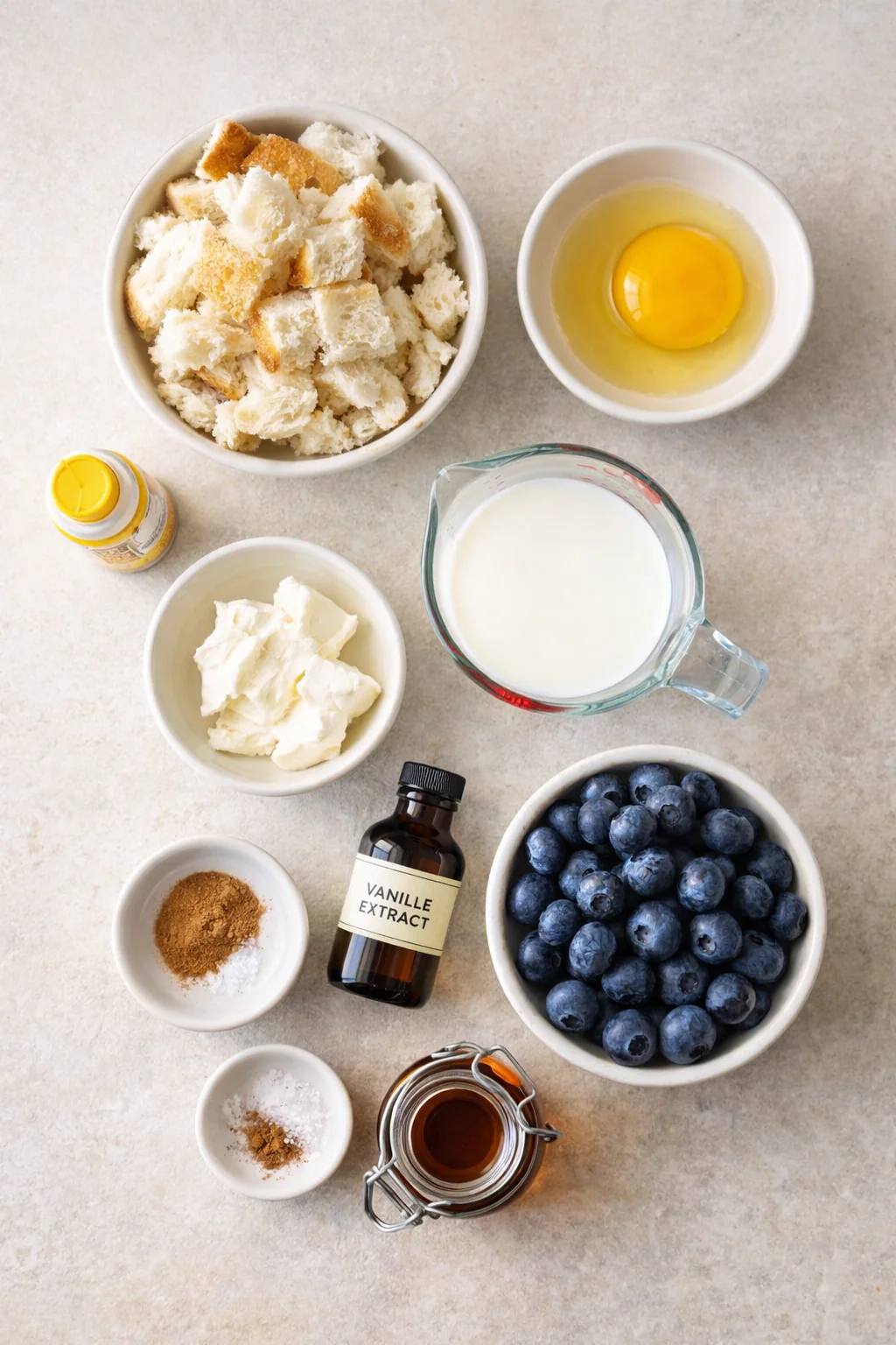 Ingredients laid out for blueberry cream cheese french toast casserole
