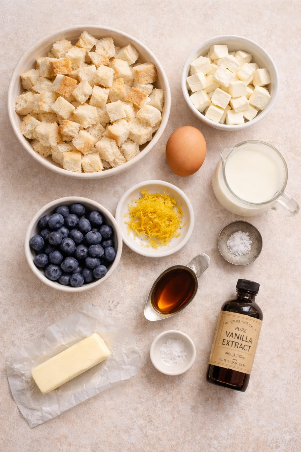 Ingredients for blueberry cream cheese french toast casserole arranged on a surface