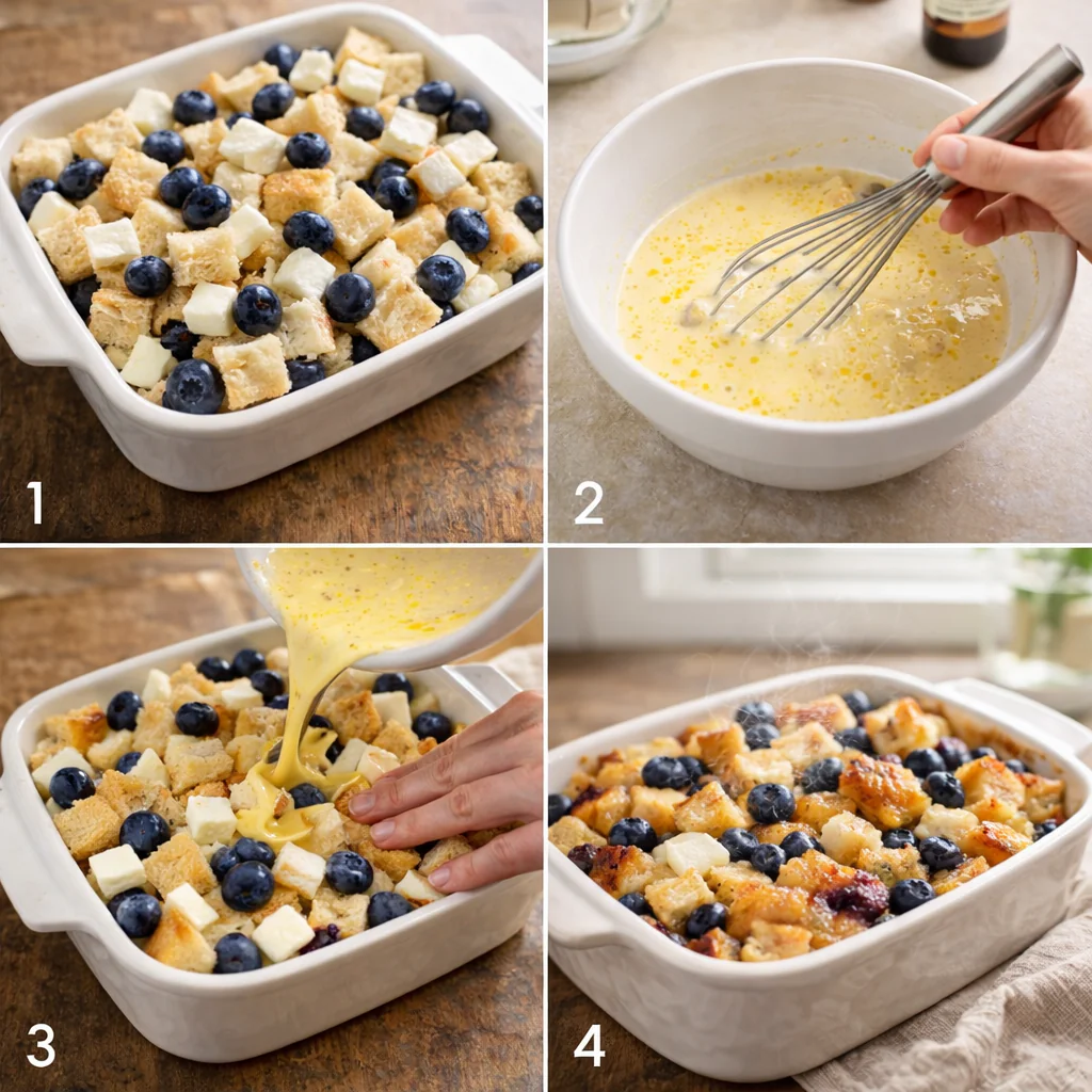 Step by step assembly of the casserole with bread cubes cream cheese and blueberries