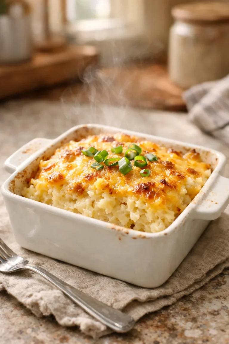 Small baked hashbrown casserole in a white ceramic dish with melted cheese and green onion garnish on a rustic kitchen surface, softly lit by natural window light.