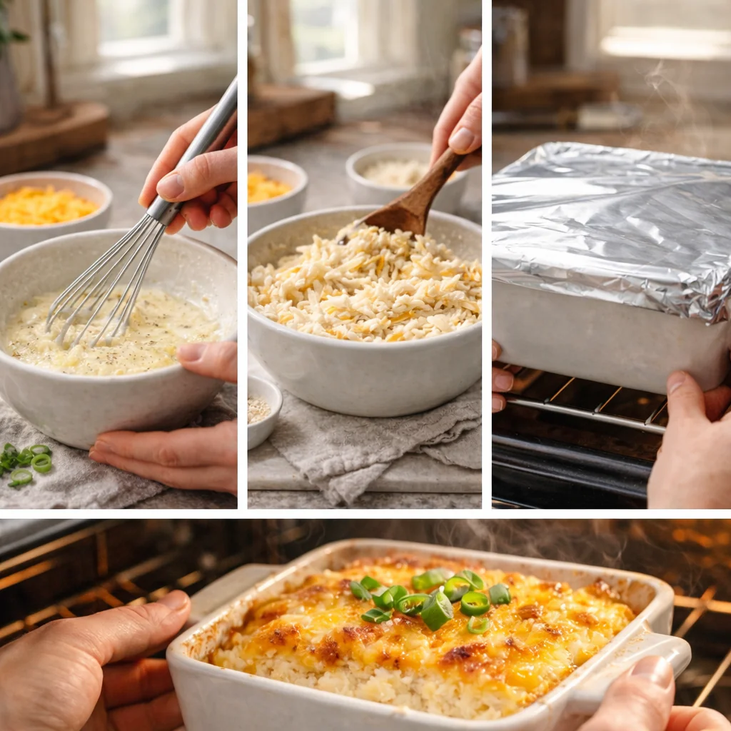 Steps for making hashbrown casserole shown step by step