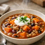 Homemade turkey chili with sweet potato barley and beans in a bowl with yogurt and cilantro