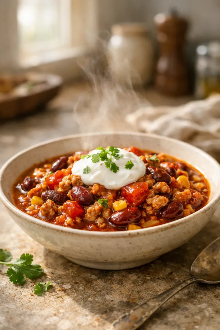 Homemade turkey chili in a bowl with beans tomatoes and yogurt topping