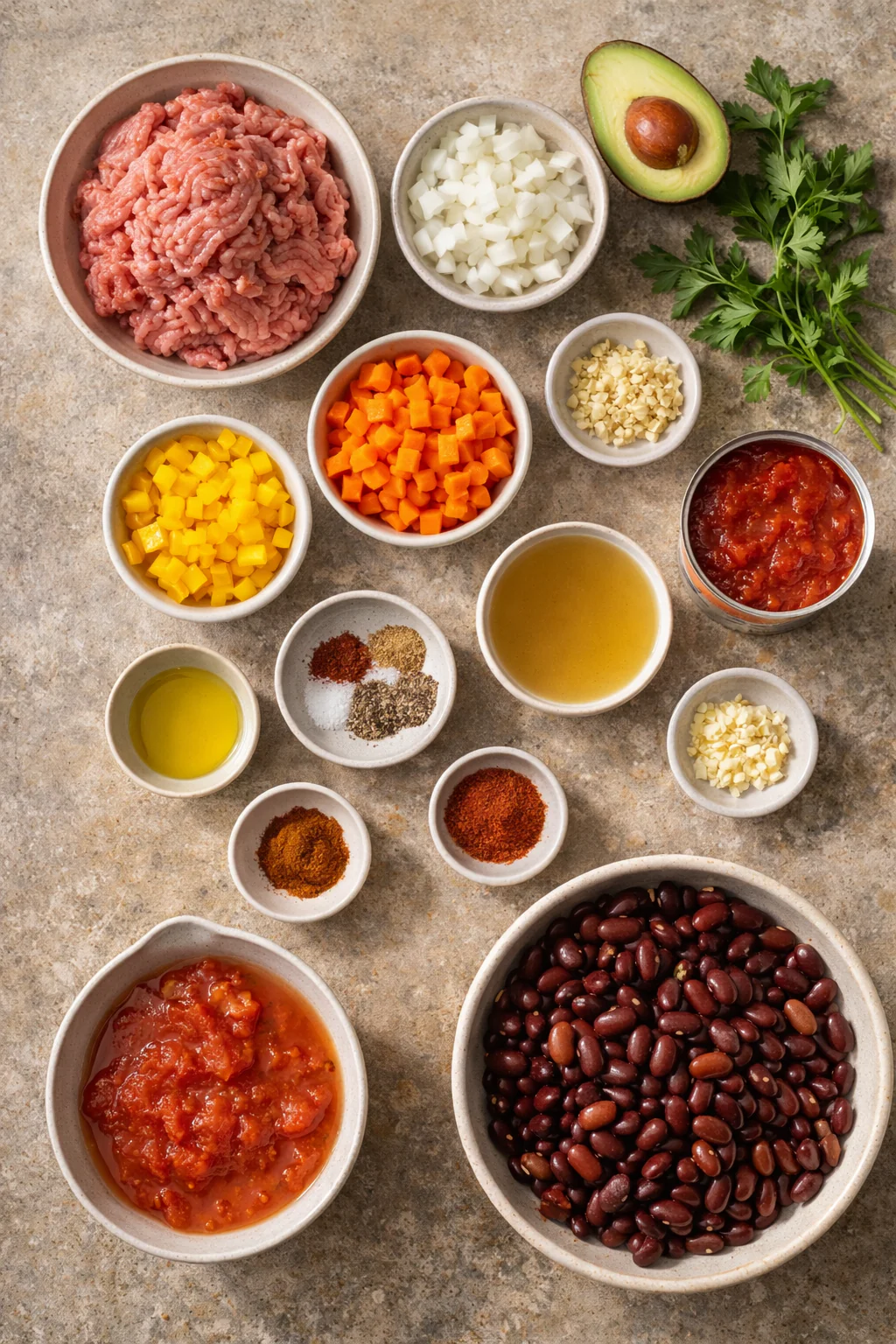 Ingredients for gentle slow cooker turkey chili on a counter