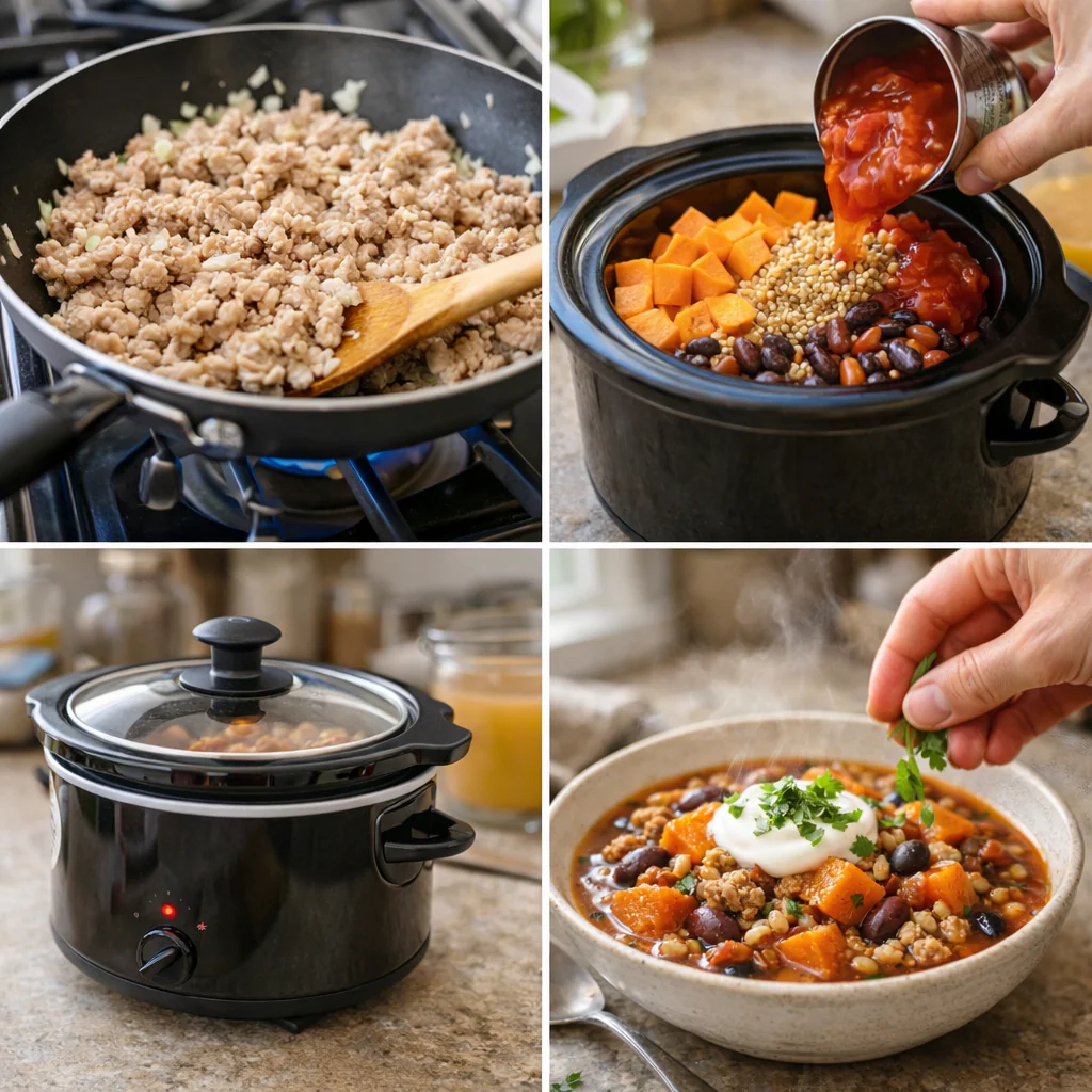 Slow cooker with turkey chili cooking