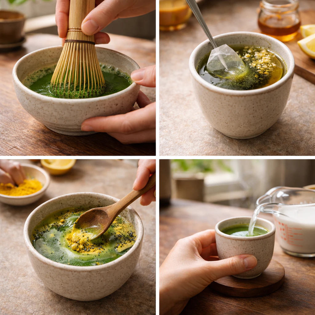 Preparing matcha and ginger tea shots with small bowls and a whisk