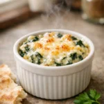Single-serve spinach artichoke dip in a ramekin with melted cheese on top, steam rising, with a pita wedge and parsley on a rustic countertop in a cozy kitchen