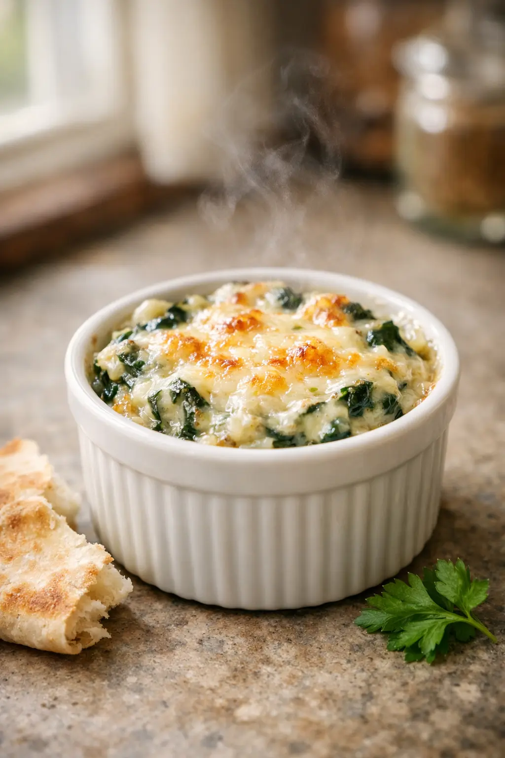 Baked low sodium spinach artichoke dip in a small ramekin