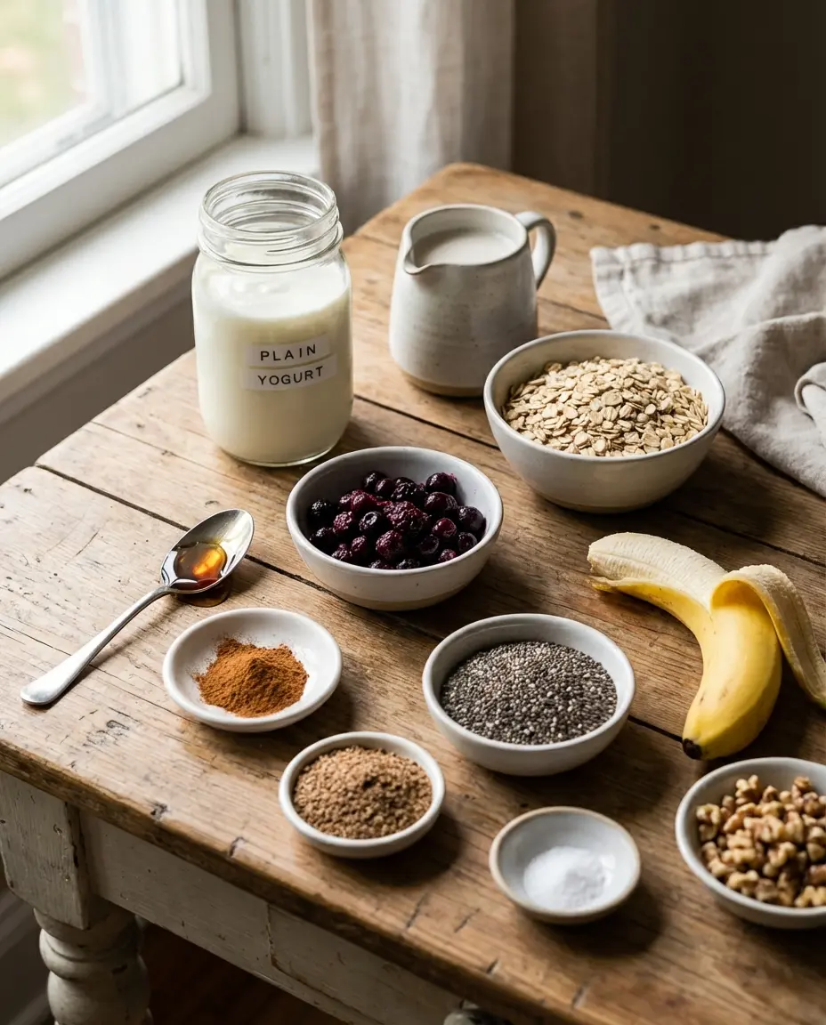 Ingredients for gentle high fiber breakfast laid out on a surface