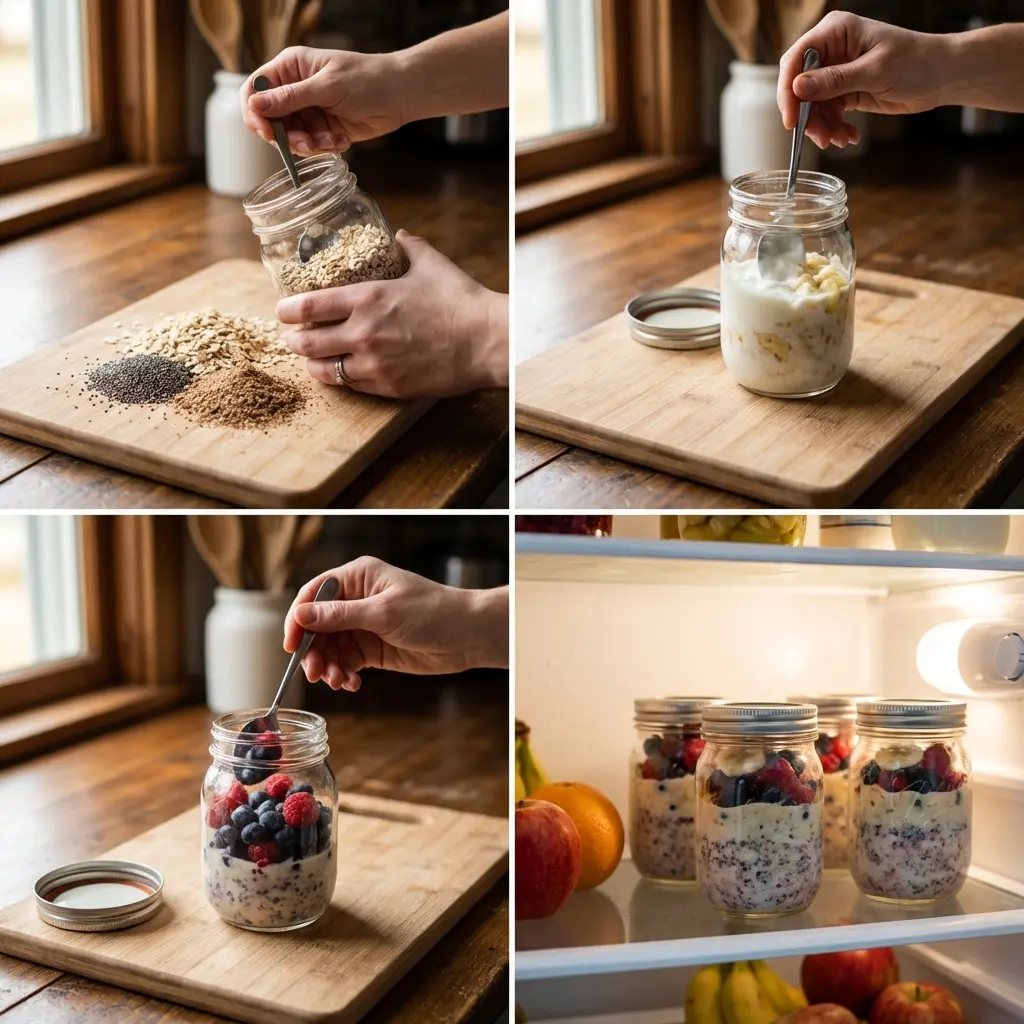 Step by step jars of overnight oats being prepared