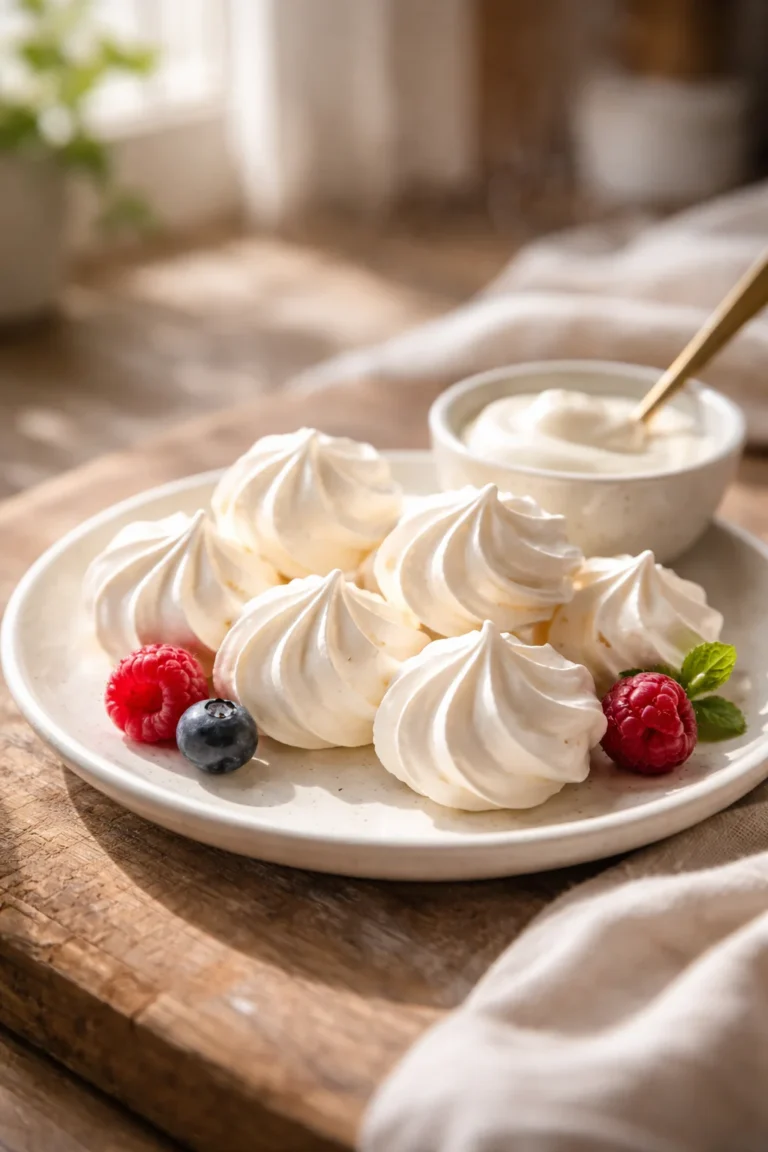 Plate of crisp vanilla meringues served with yogurt and fresh berries.