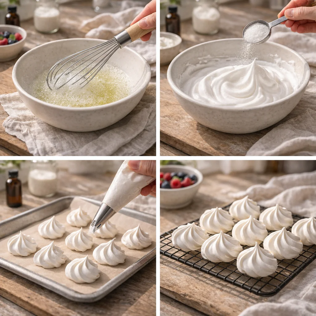 Steps showing whipped egg whites and piped meringues on a baking sheet