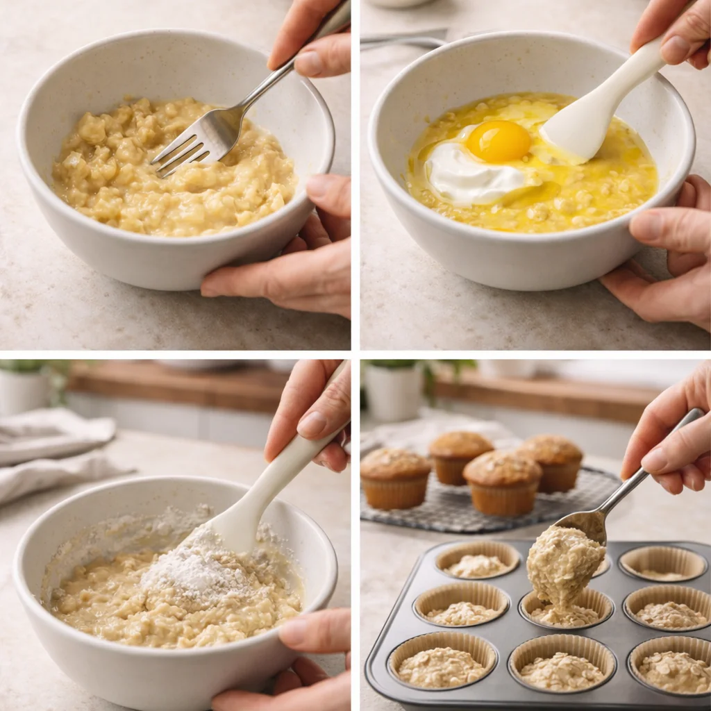 Steps showing batter being spooned into muffin cups