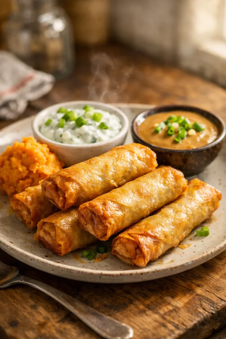 Air fried frozen spring rolls plated with mashed sweet potato, yogurt cucumber dip and peanut tahini sauce in a cozy home kitchen, natural window light