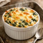 Fresh baked spinach artichoke dip in an 8-ounce ramekin on a baking sheet with melted cheese on top and steam rising, lit by natural window light