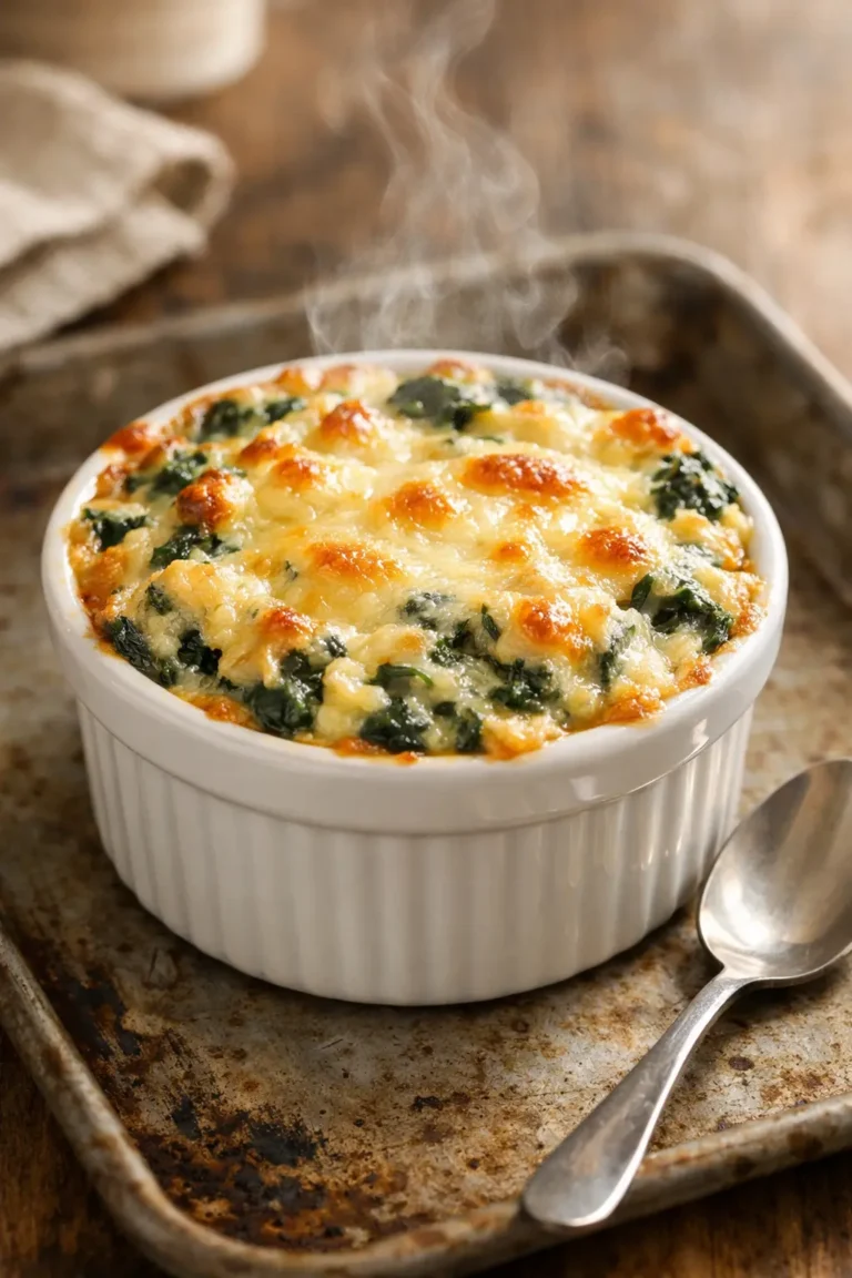 Fresh baked spinach artichoke dip in an 8-ounce ramekin on a baking sheet with melted cheese on top and steam rising, lit by natural window light