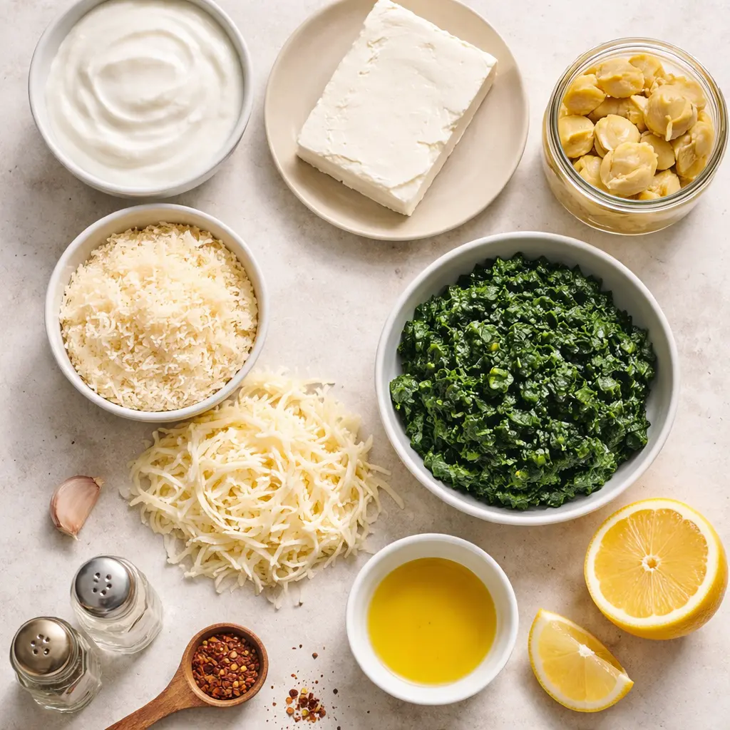 Ingredients for spinach artichoke dip laid out