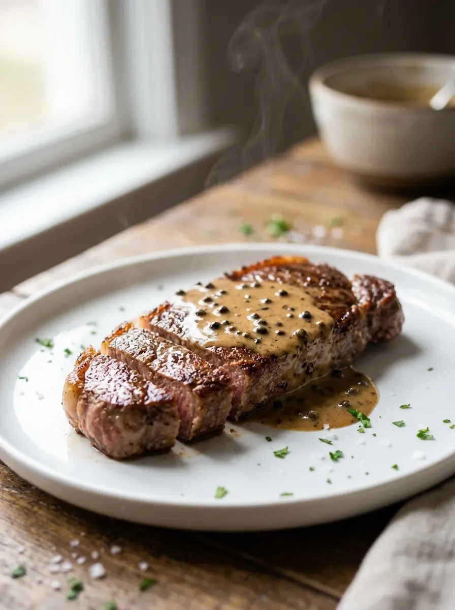 A plated New York strip steak with creamy peppercorn-style sauce and soft sides