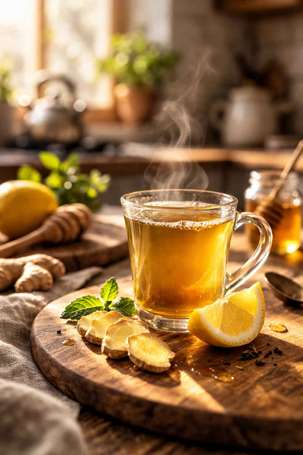 Small glass with ginger lemon green tea wellness shot on a wooden surface