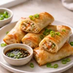 Baked chicken spring rolls on a plate with green onion garnish and light soy dipping sauce in a cozy home kitchen
