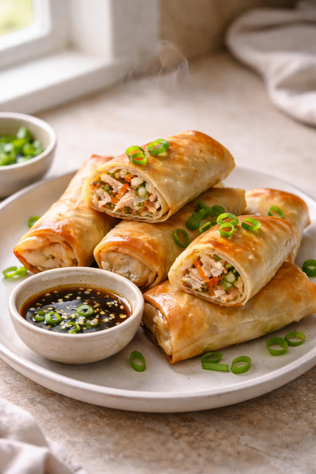 Baked chicken spring rolls on a baking sheet
