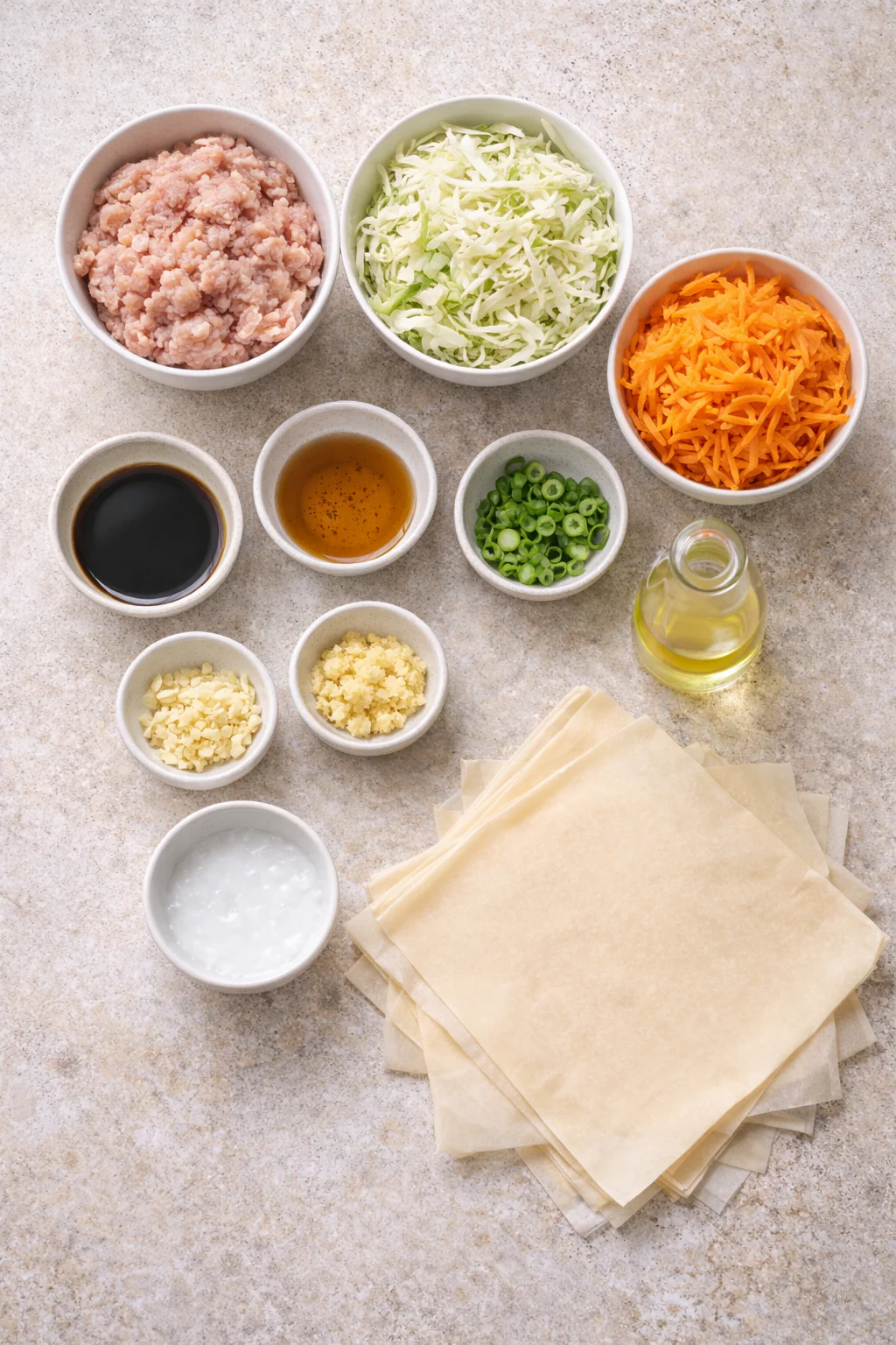 Ingredients for baked chicken spring rolls on a counter