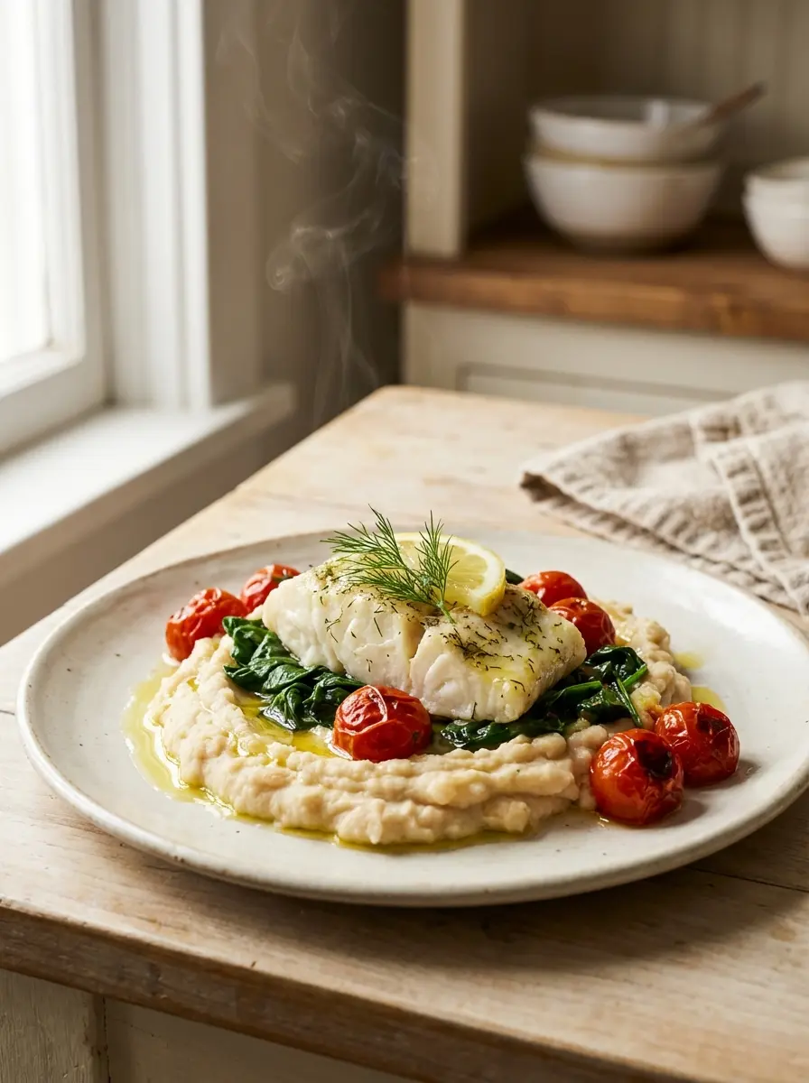 Lemon-dill baked cod on a bed of cannellini bean mash