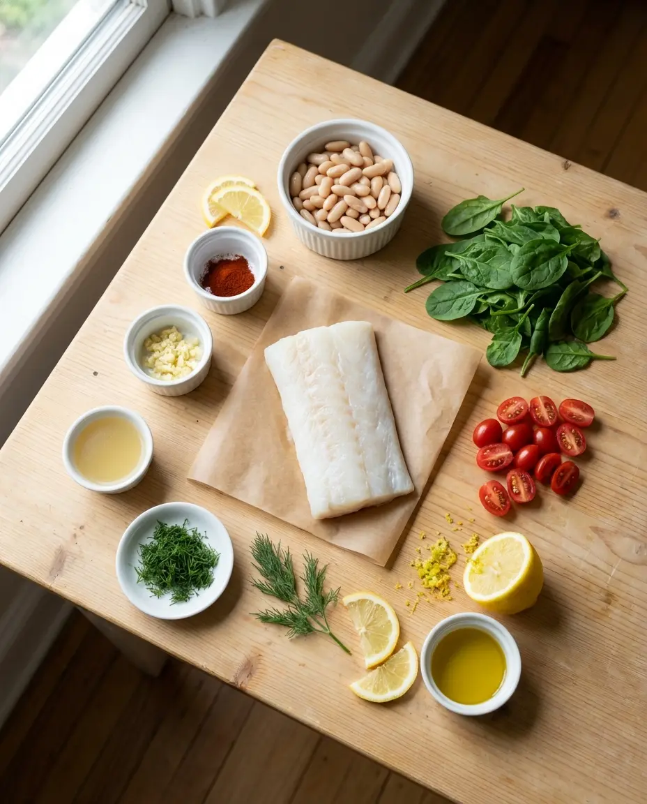 Ingredients for lemon-dill cod with cannellini bean mash