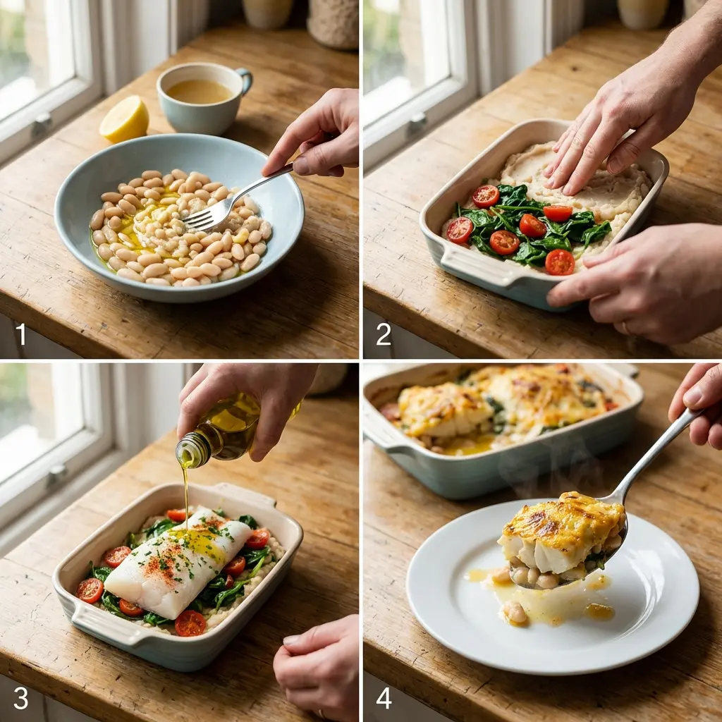 Step-by-step preparation of the lemon-dill cod and bean mash