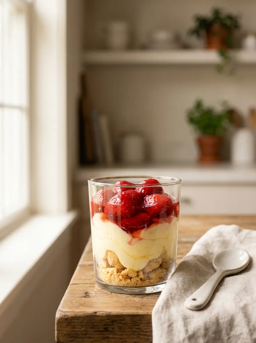 Two heart-shaped strawberry and cream parfaits