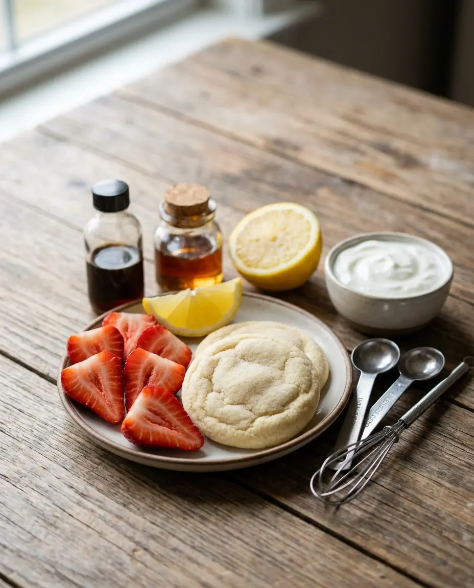 Ingredients laid out: strawberries, yogurt, cookies