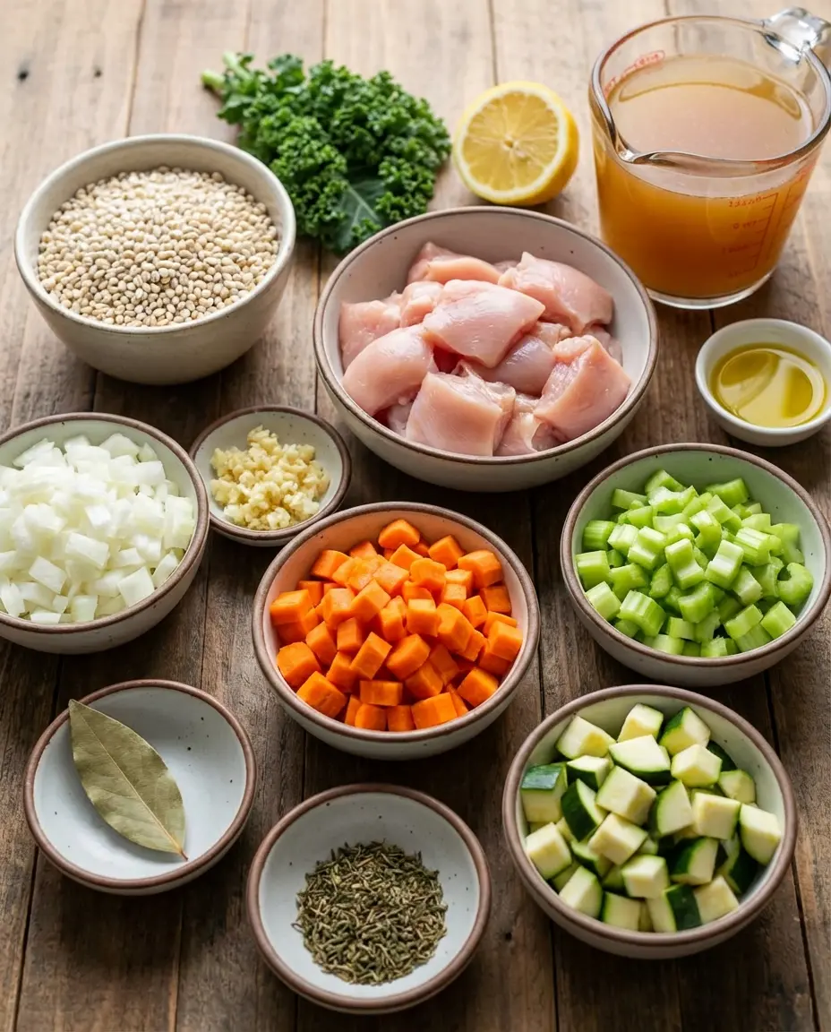 Ingredients for one-pot barley and chicken soup on a counter