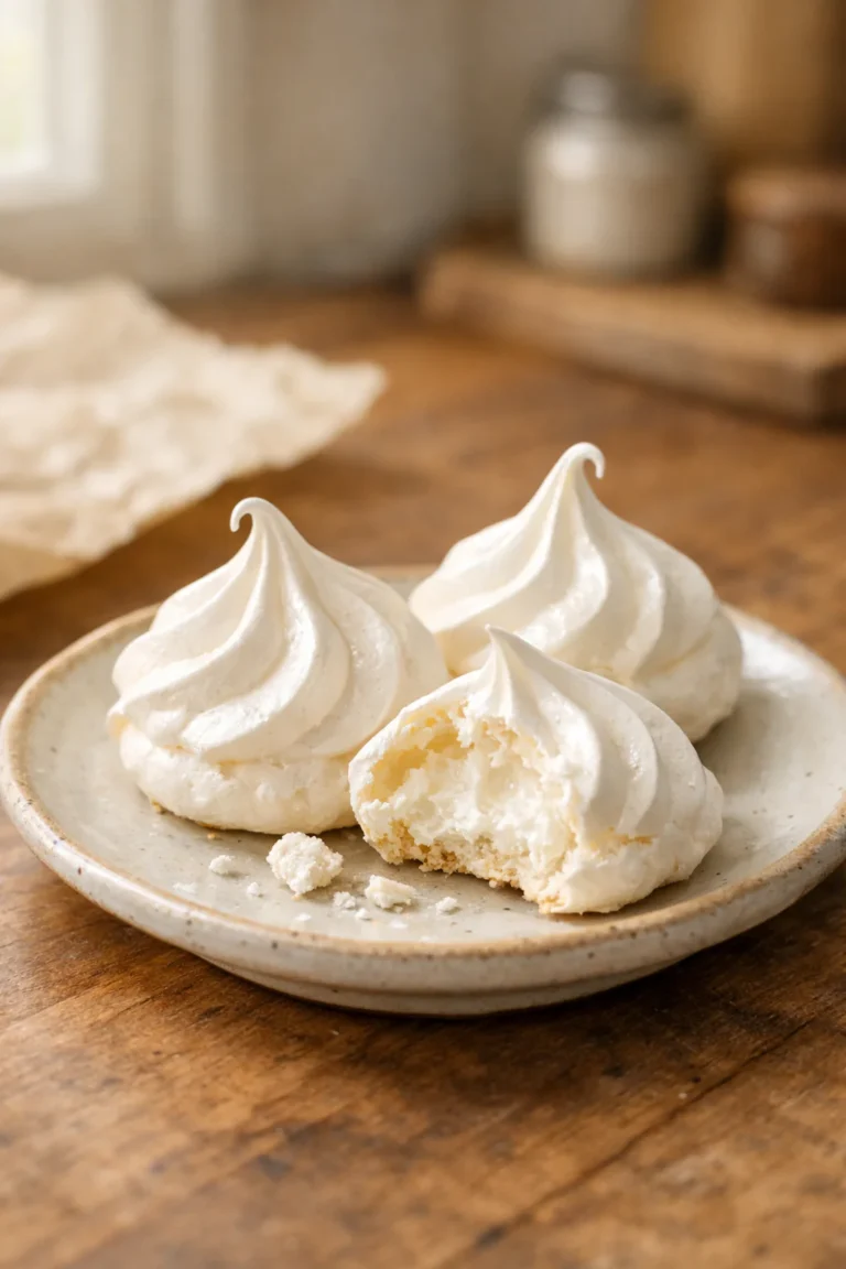 Three homemade meringue kisses on a small plate, one broken open to show a soft marshmallow center and crisp shell.
